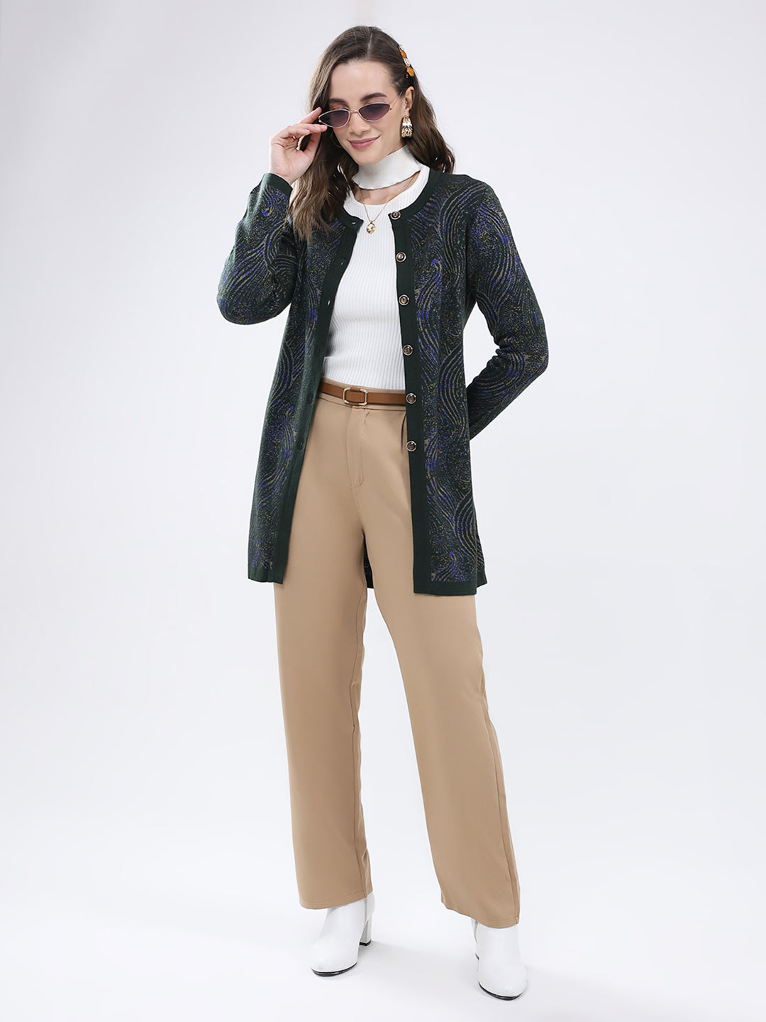 Women Green Self Design Round Neck Full Sleeve Cardigan