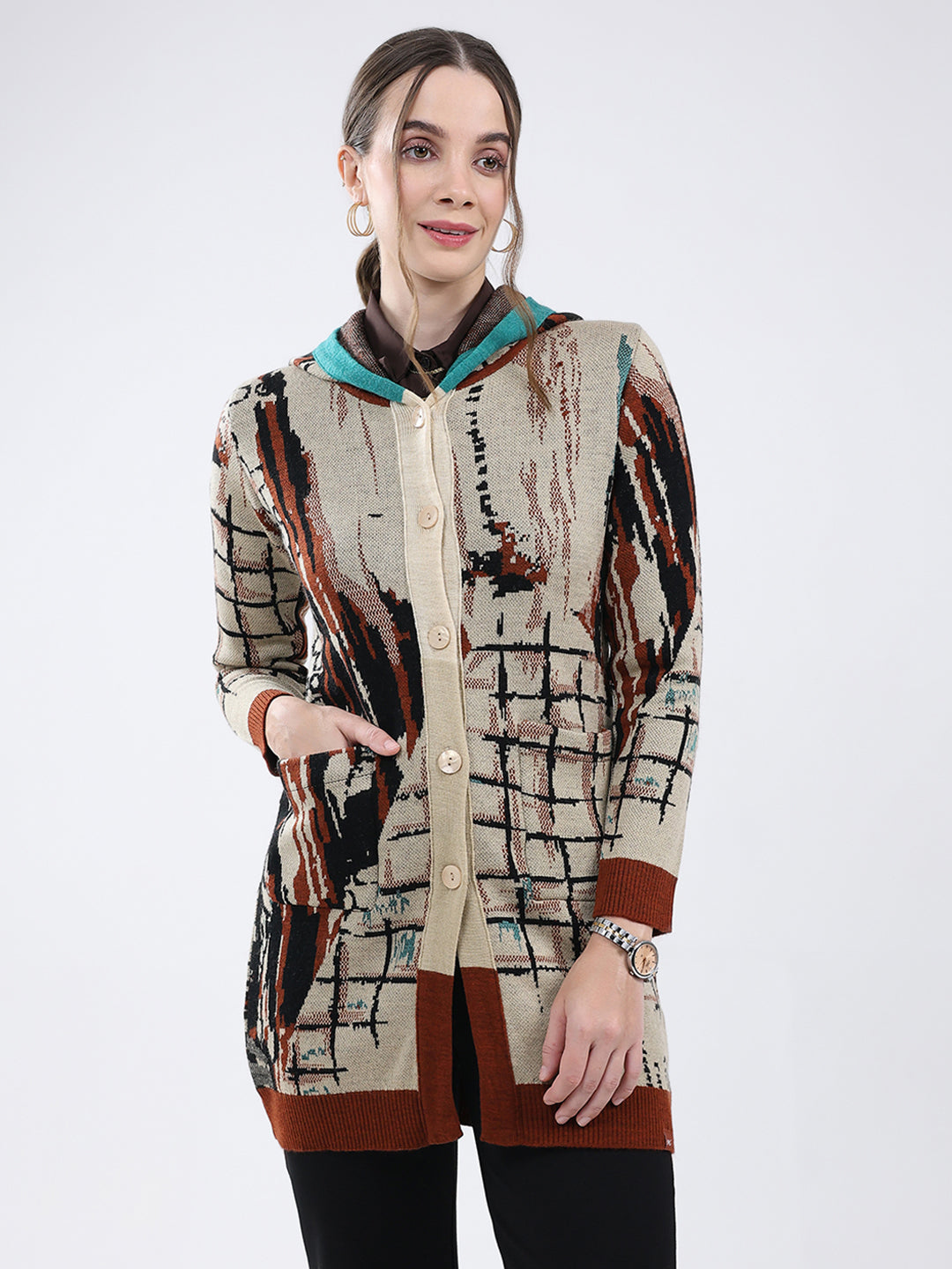 Women Rust Self Design Hooded Full Sleeve Cardigan