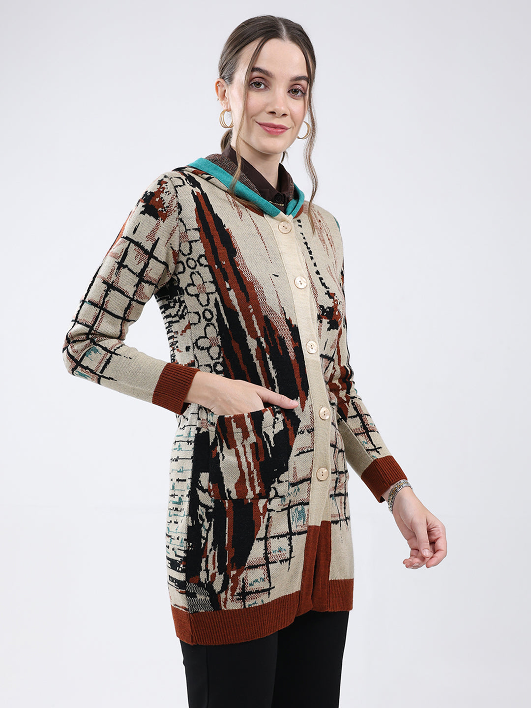 Women Rust Self Design Hooded Full Sleeve Cardigan