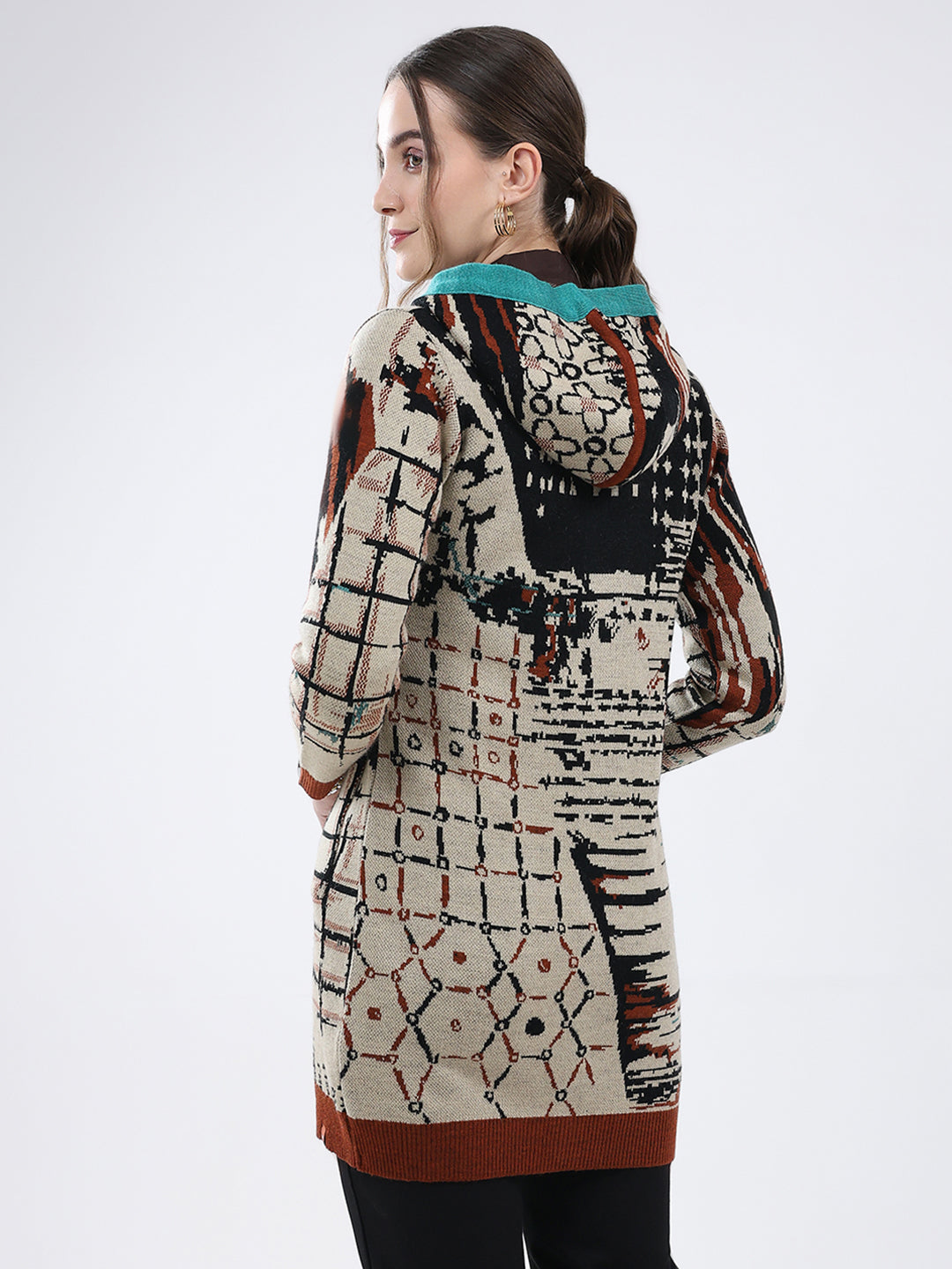 Women Rust Self Design Hooded Full Sleeve Cardigan