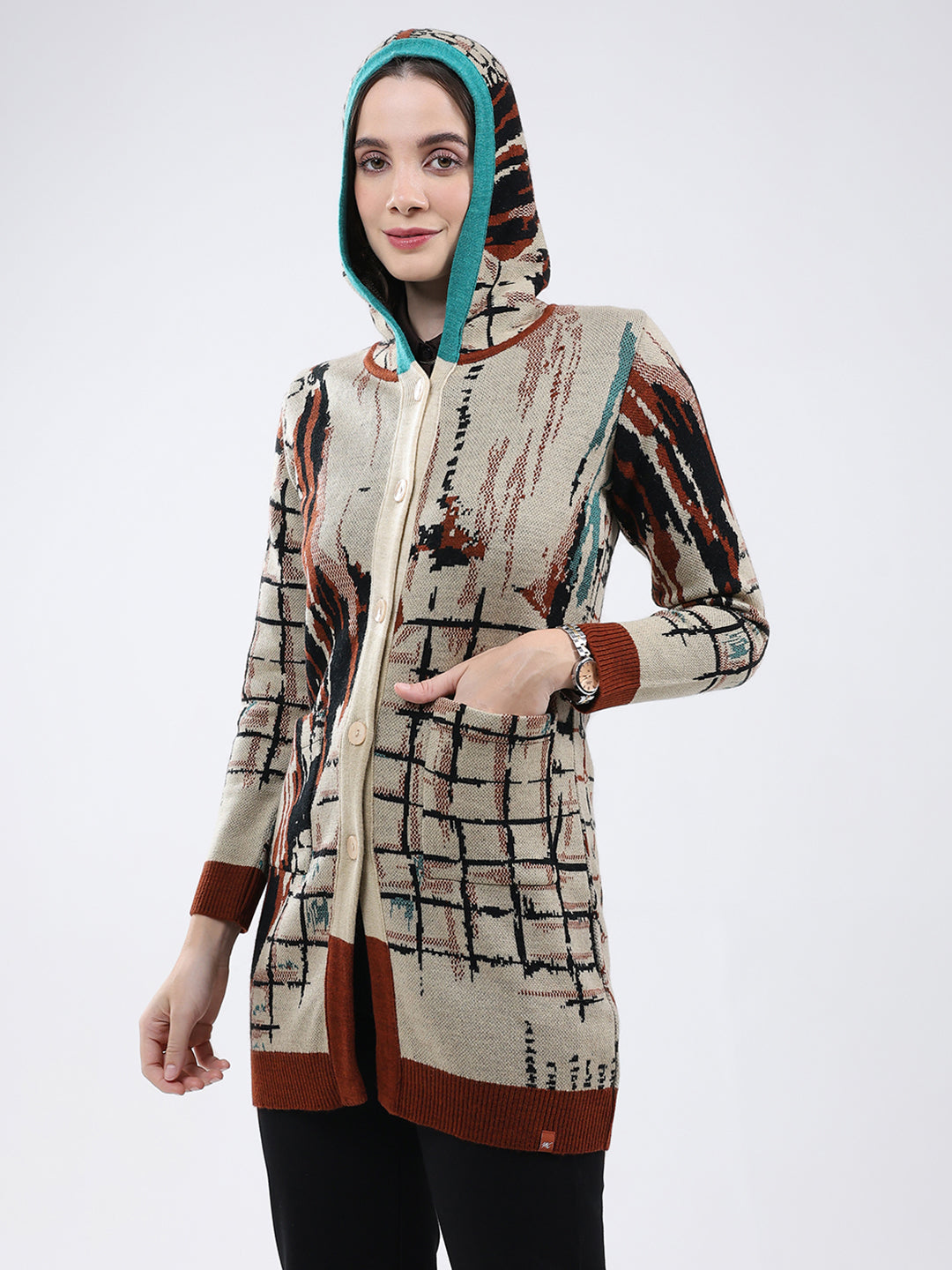 Women Rust Self Design Hooded Full Sleeve Cardigan