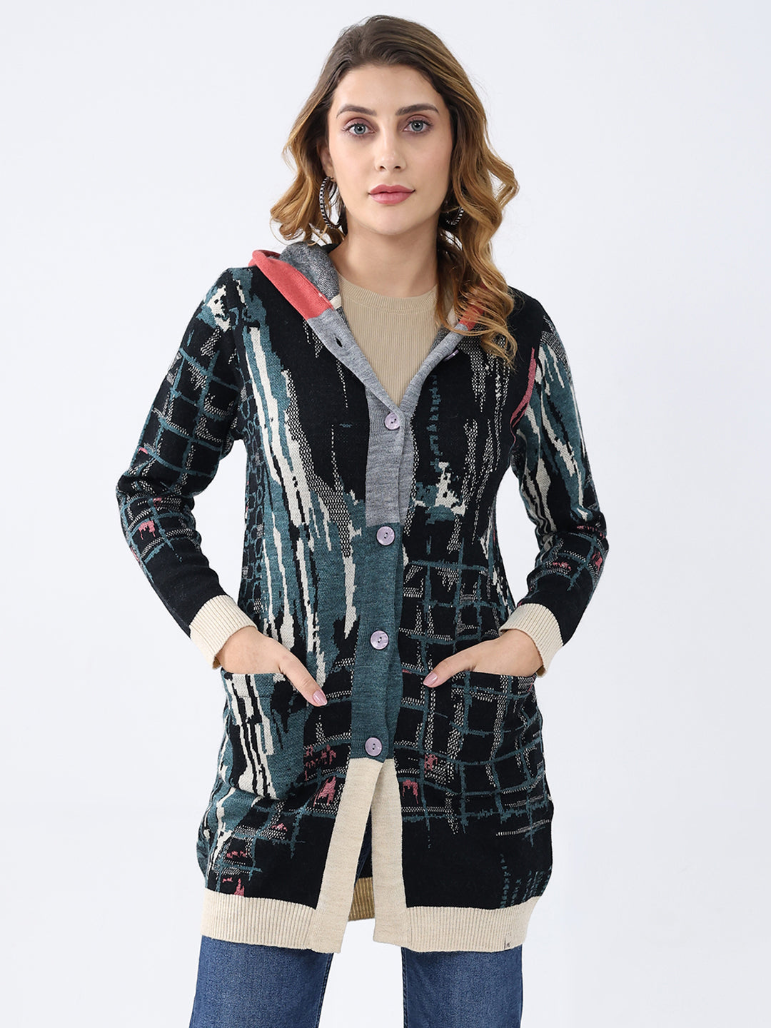 Women Multicolor Printed Hooded Full Sleeve Cardigan
