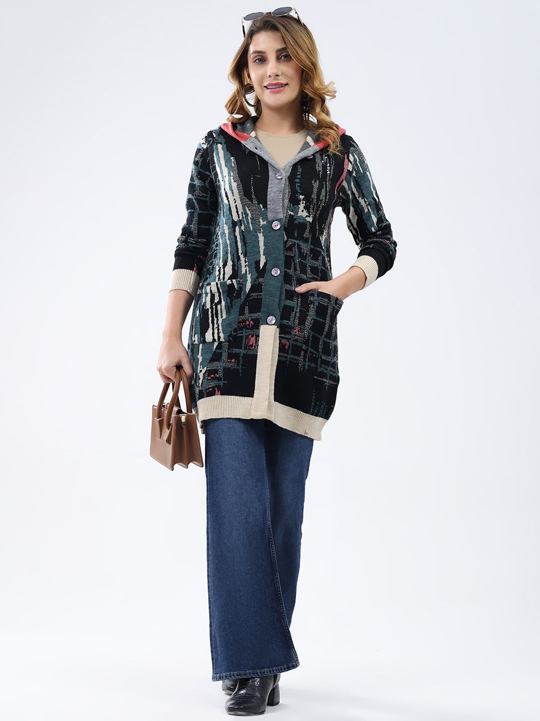 Women Multicolor Printed Hooded Full Sleeve Cardigan