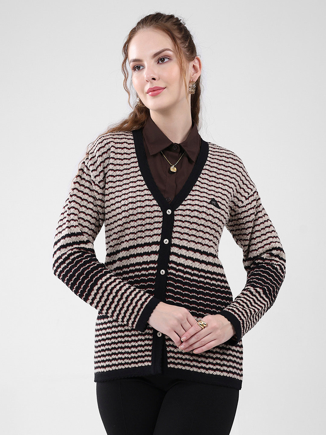 Women Black Self Design V Neck Full Sleeve Cardigan