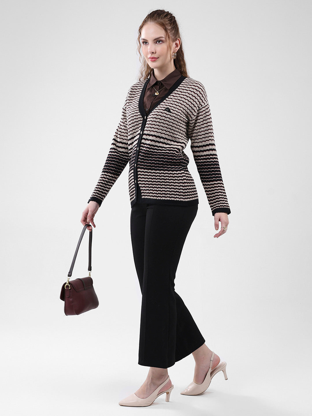 Women Black Self Design V Neck Full Sleeve Cardigan