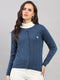 Women Blue Self Design Round Neck Full Sleeve Cardigan