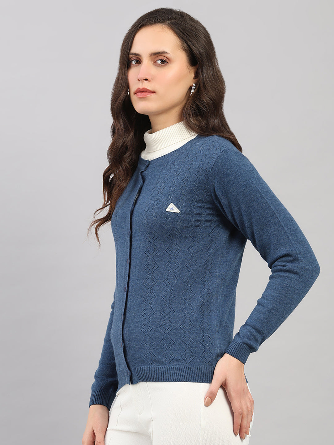 Women Blue Self Design Round Neck Full Sleeve Cardigan