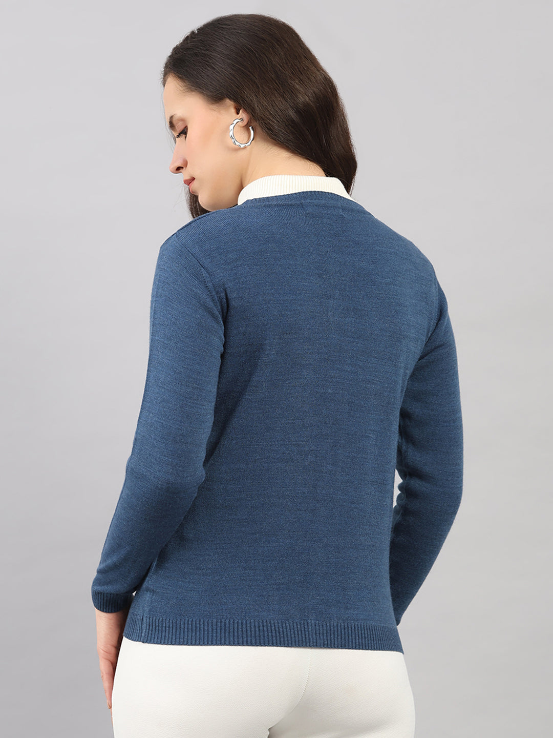 Women Blue Self Design Round Neck Full Sleeve Cardigan