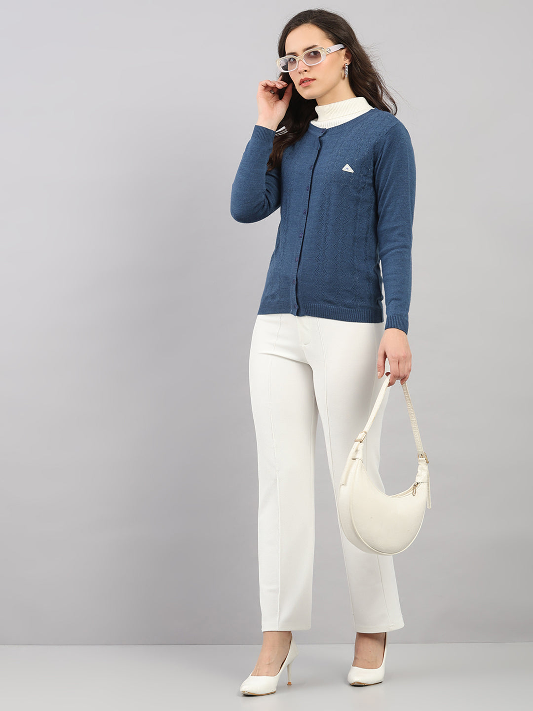 Women Blue Self Design Round Neck Full Sleeve Cardigan