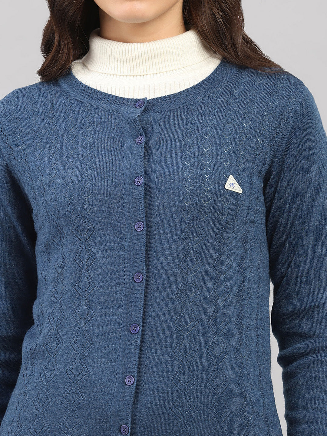 Women Blue Self Design Round Neck Full Sleeve Cardigan
