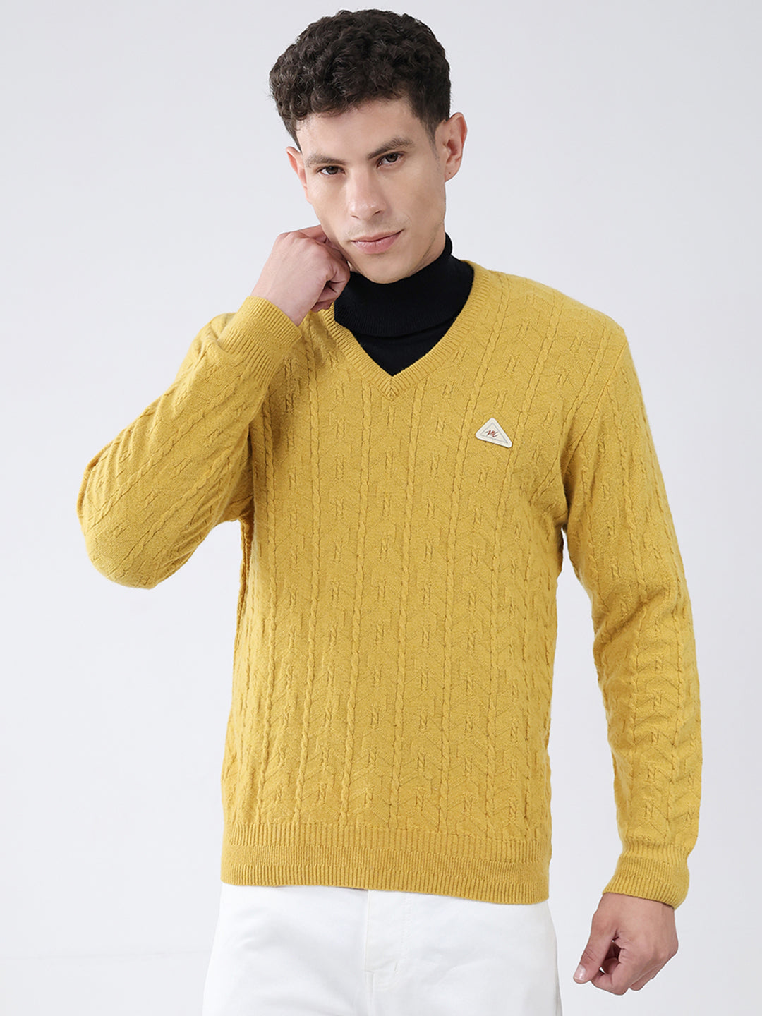 Men Mustard Self Design V Neck Full Sleeve Pullover