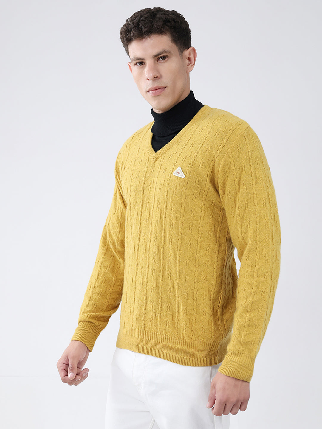 Men Mustard Self Design V Neck Full Sleeve Pullover