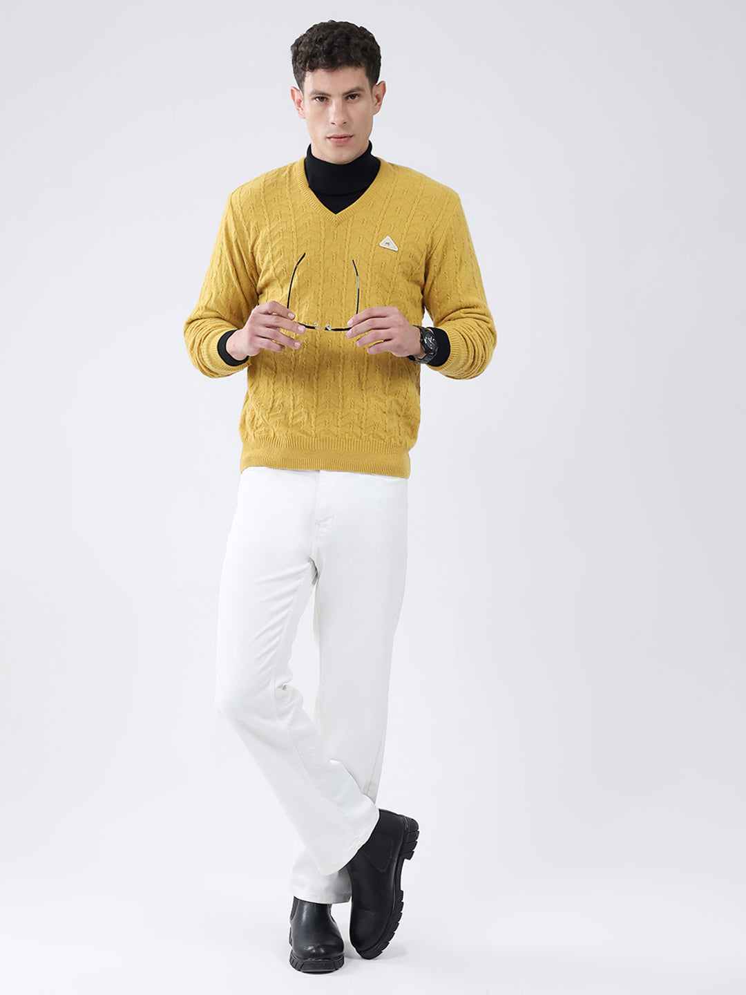 Men Mustard Self Design V Neck Full Sleeve Pullover
