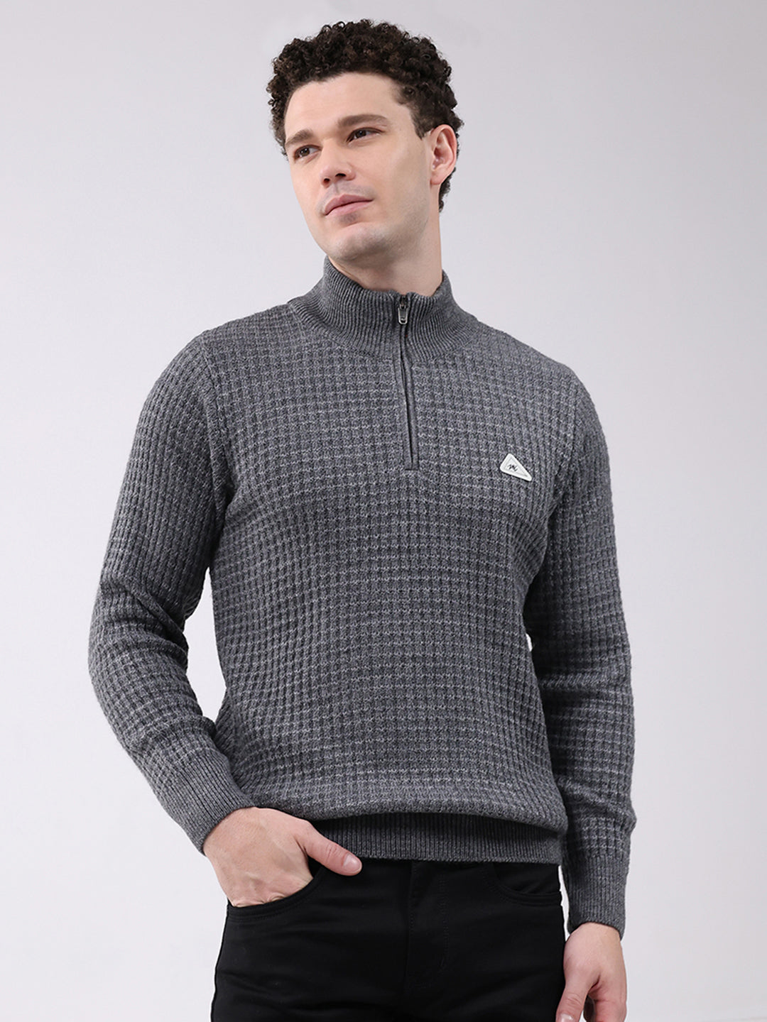 Men Grey Self Design Mock Neck Full Sleeve Pullover
