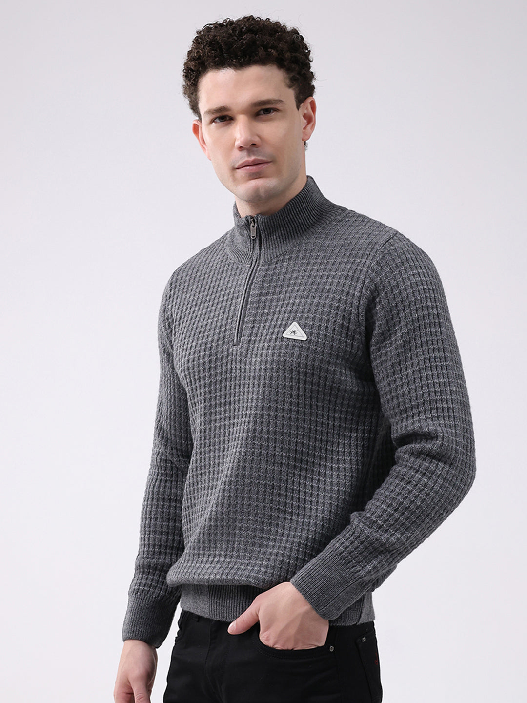 Men Grey Self Design Mock Neck Full Sleeve Pullover