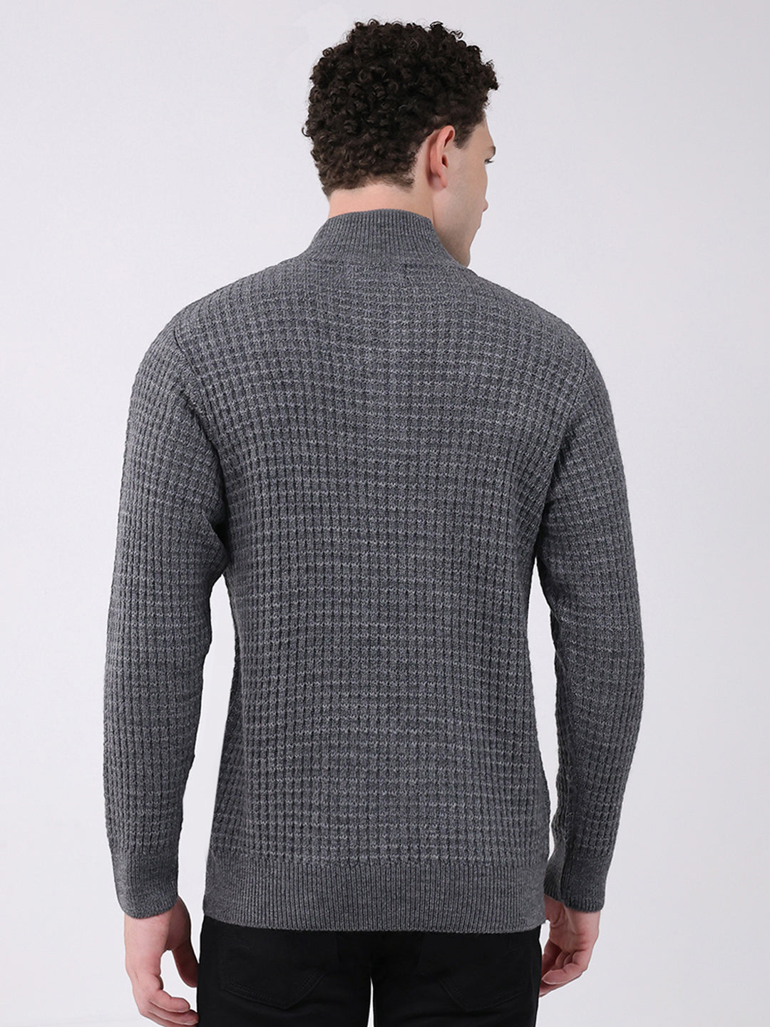 Men Grey Self Design Mock Neck Full Sleeve Pullover