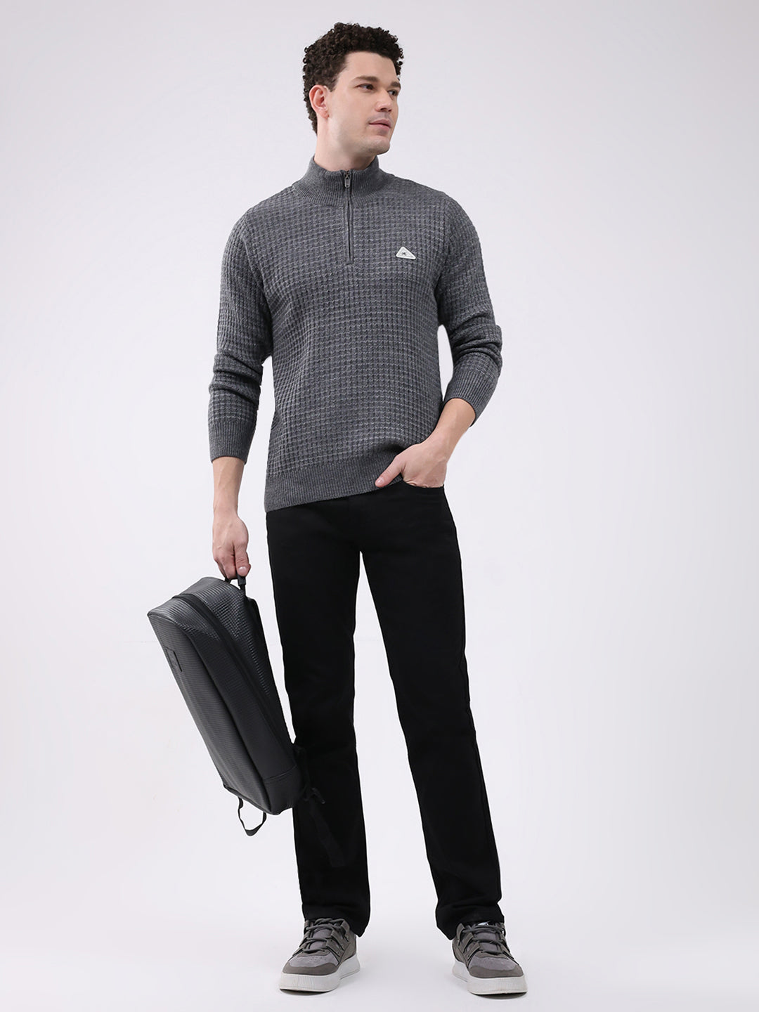 Men Grey Self Design Mock Neck Full Sleeve Pullover