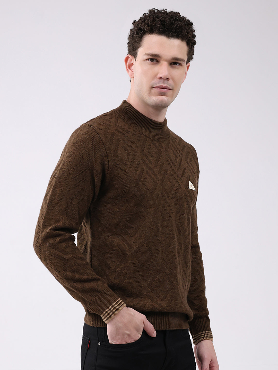 Men Brown Self Design Mock Neck Full Sleeve Pullover