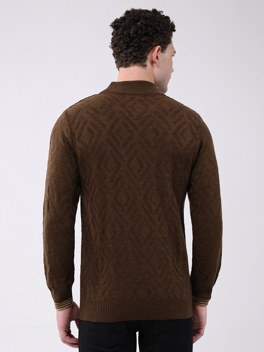 Men Brown Self Design Mock Neck Full Sleeve Pullover
