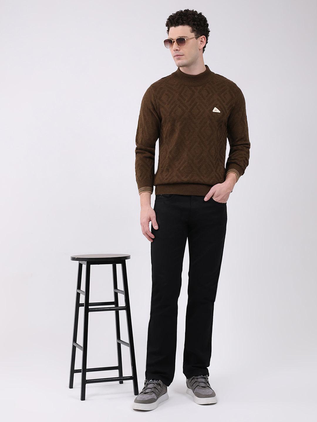 Men Brown Self Design Mock Neck Full Sleeve Pullover
