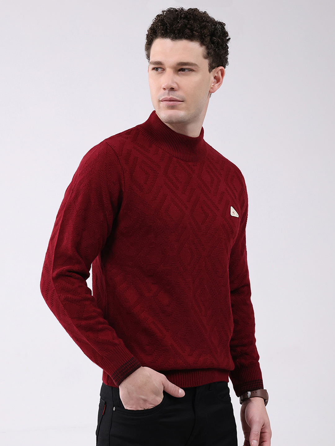 Men Red Solid Mock Neck Full Sleeve Pullover