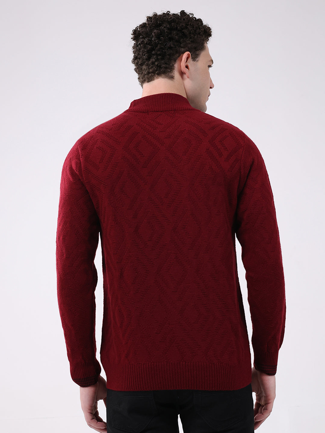 Men Red Solid Mock Neck Full Sleeve Pullover