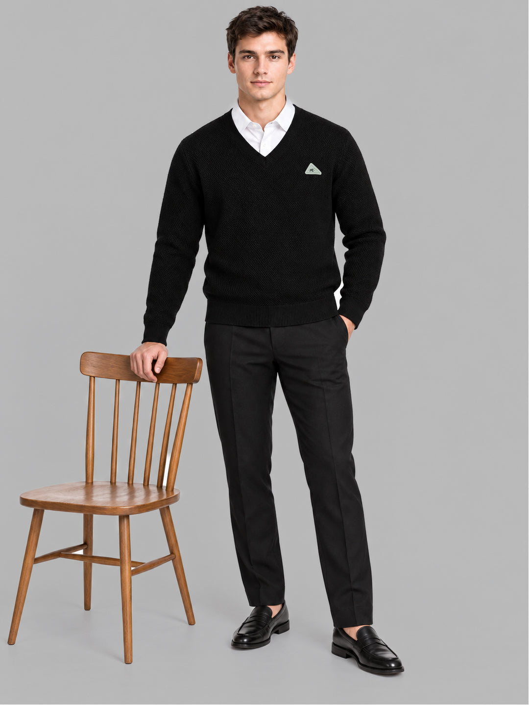 Men Black Self Design V Neck Full Sleeve Pullover