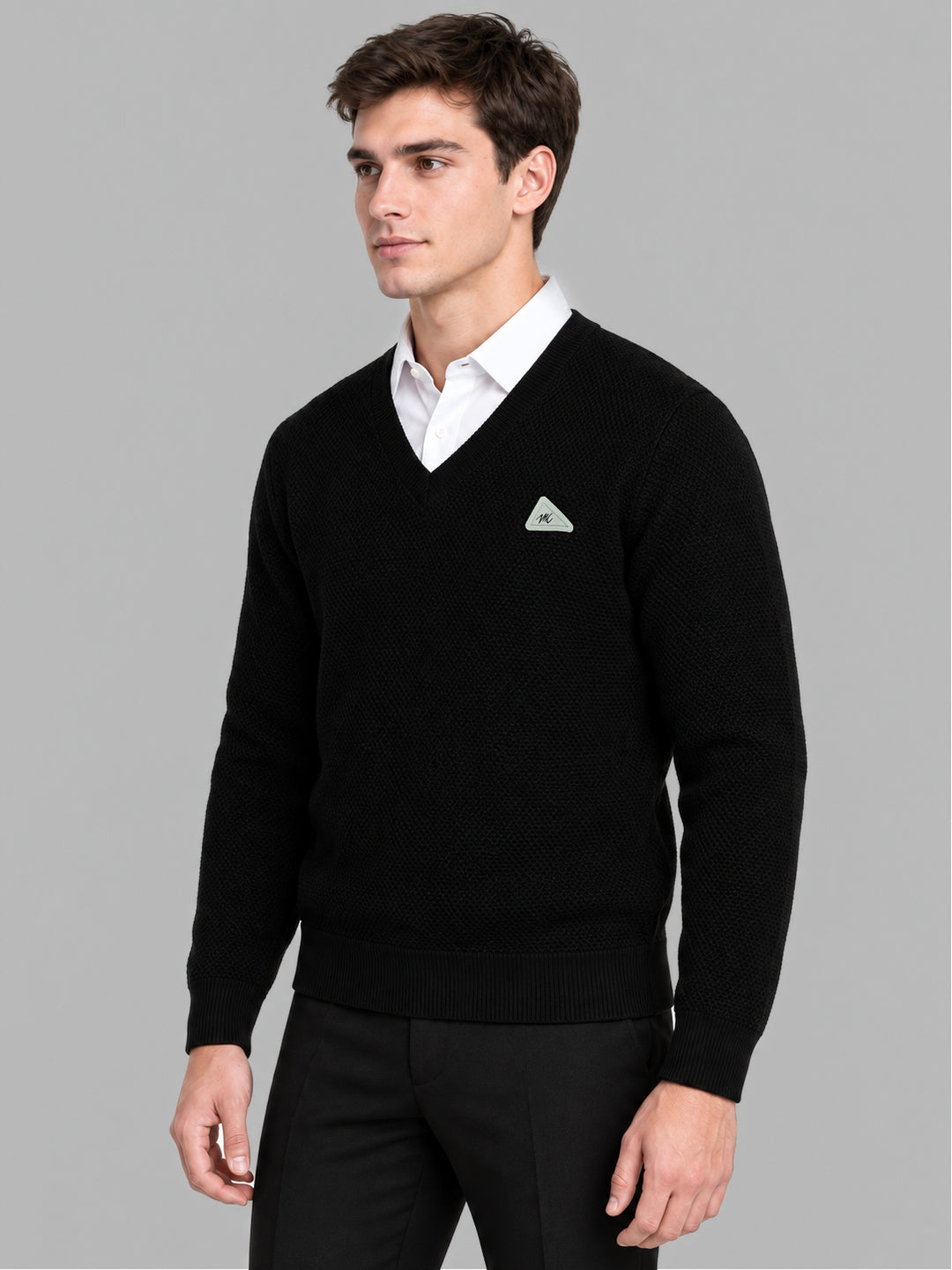Men Black Self Design V Neck Full Sleeve Pullover
