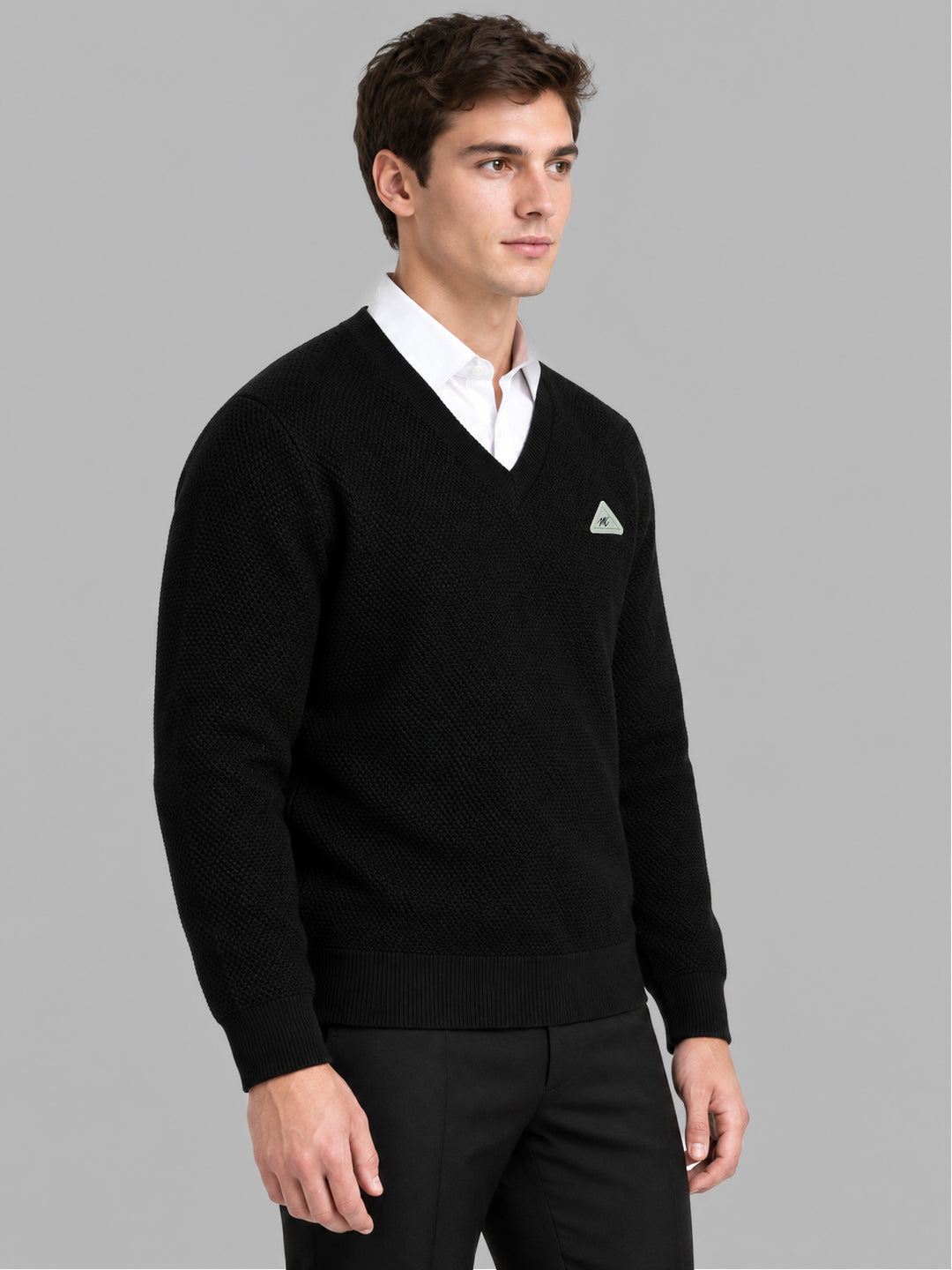 Men Black Self Design V Neck Full Sleeve Pullover