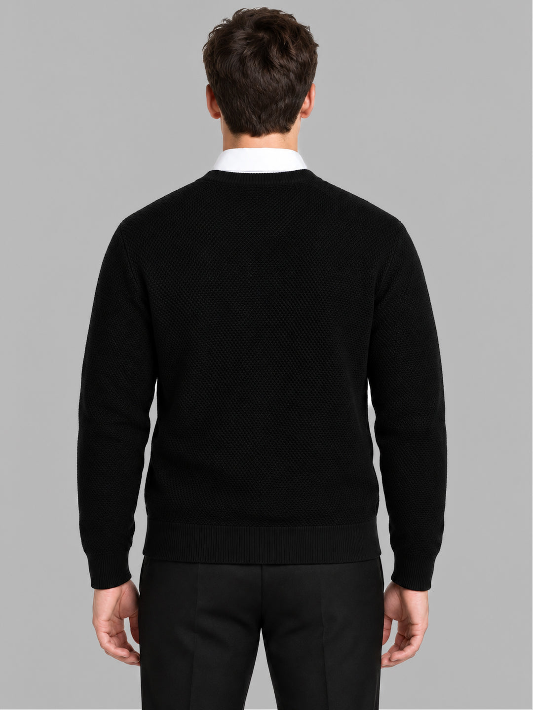 Men Black Self Design V Neck Full Sleeve Pullover
