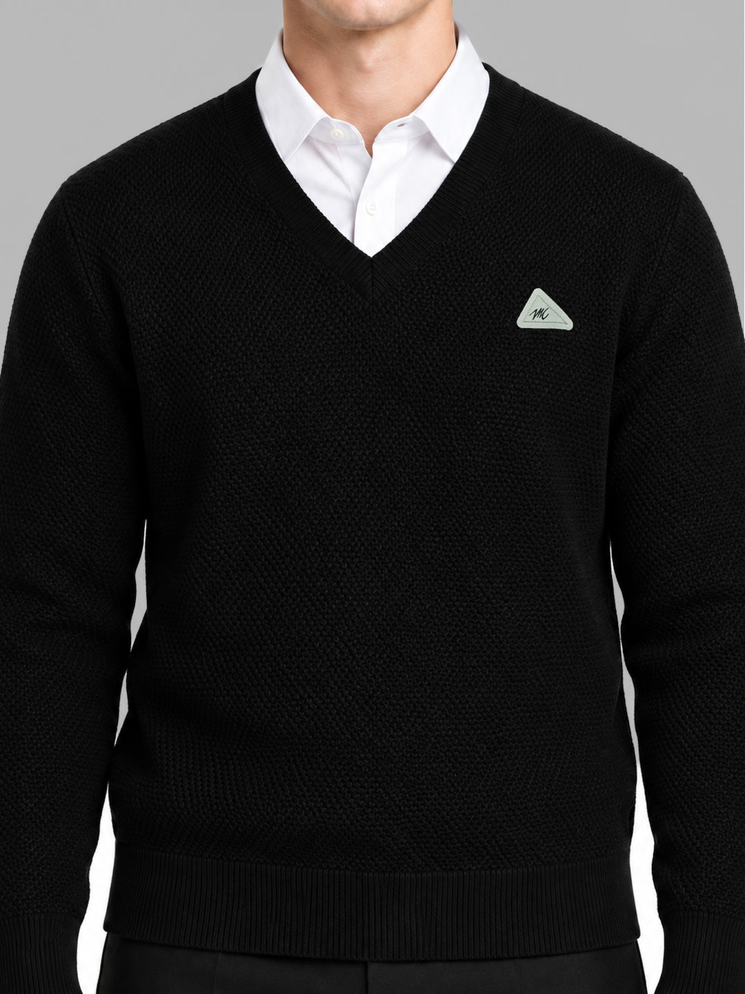 Men Black Self Design V Neck Full Sleeve Pullover