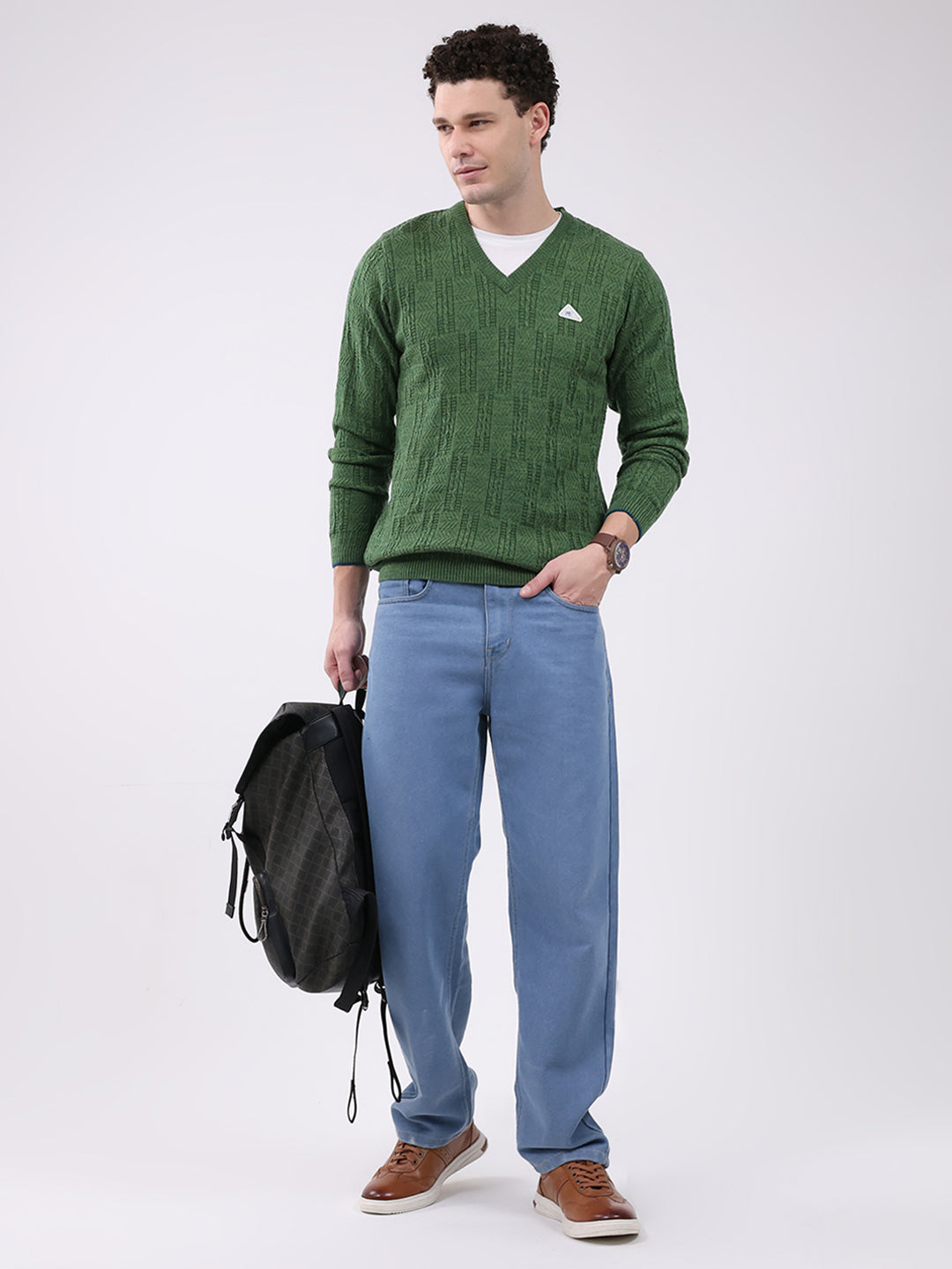 Men Green Self Design V Neck Full Sleeve Pullover