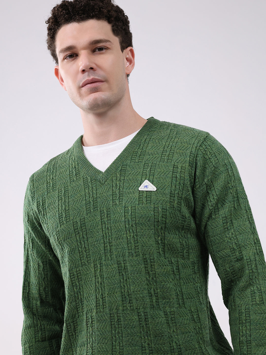 Men Green Self Design V Neck Full Sleeve Pullover