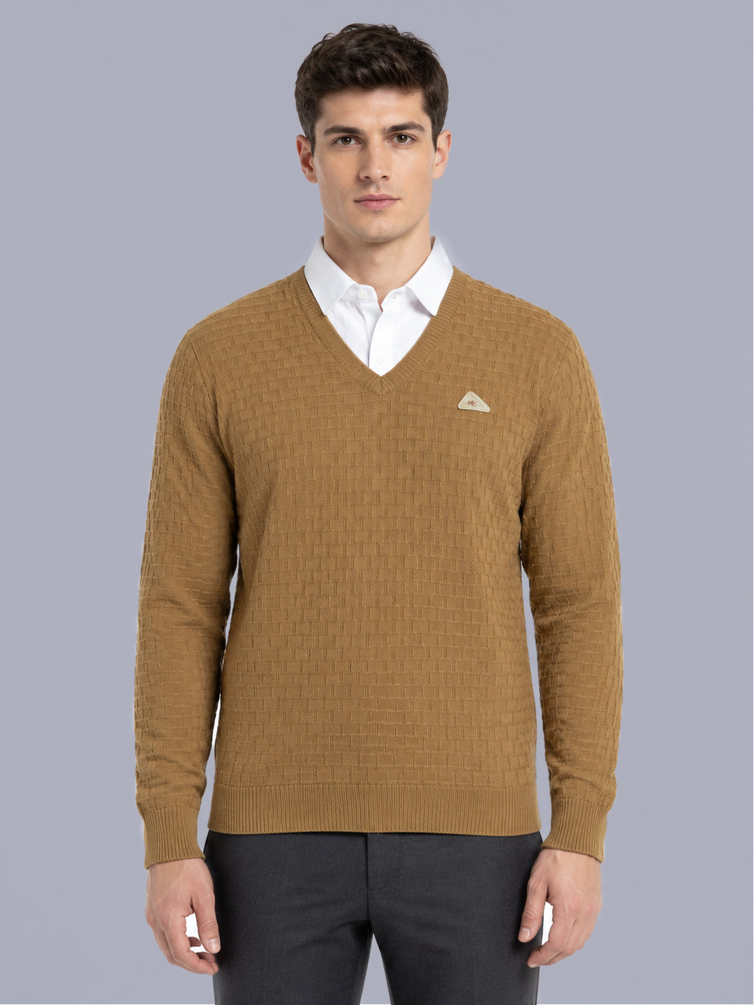 Men Camel Brown Self Design V Neck Full Sleeve Pullover