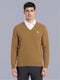 Men Camel Brown Self Design V Neck Full Sleeve Pullover