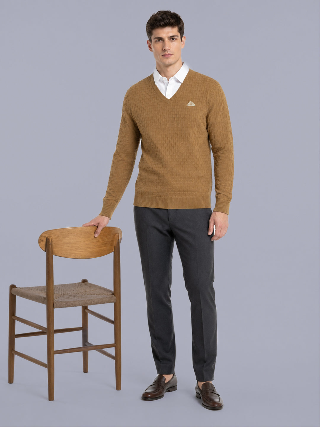 Men Camel Brown Self Design V Neck Full Sleeve Pullover