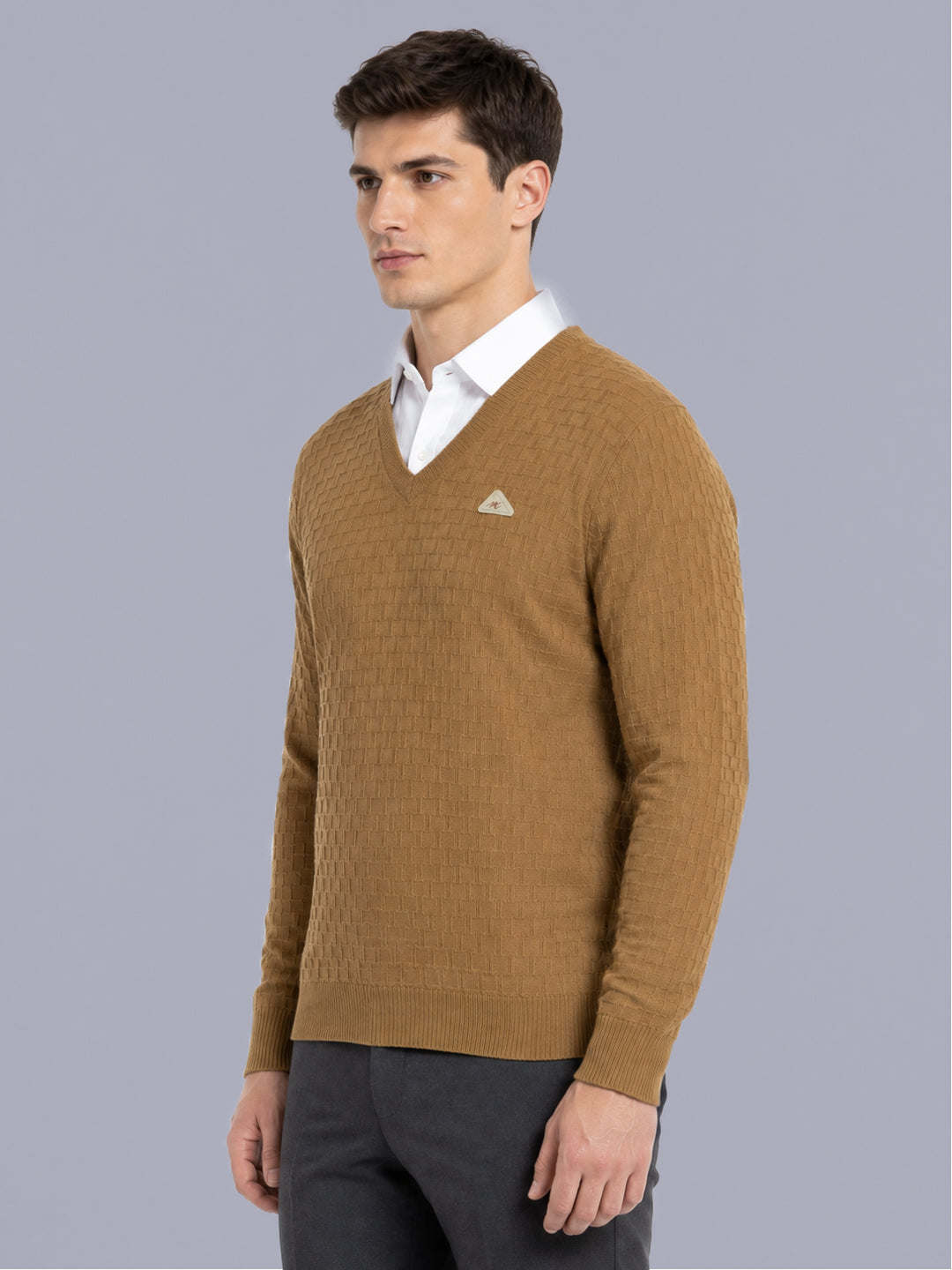 Men Camel Brown Self Design V Neck Full Sleeve Pullover