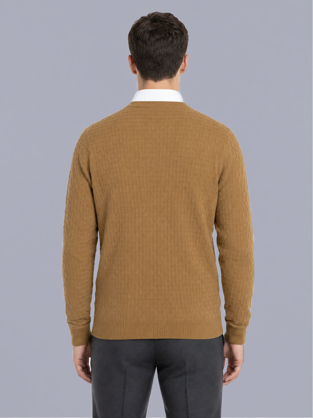Men Camel Brown Self Design V Neck Full Sleeve Pullover