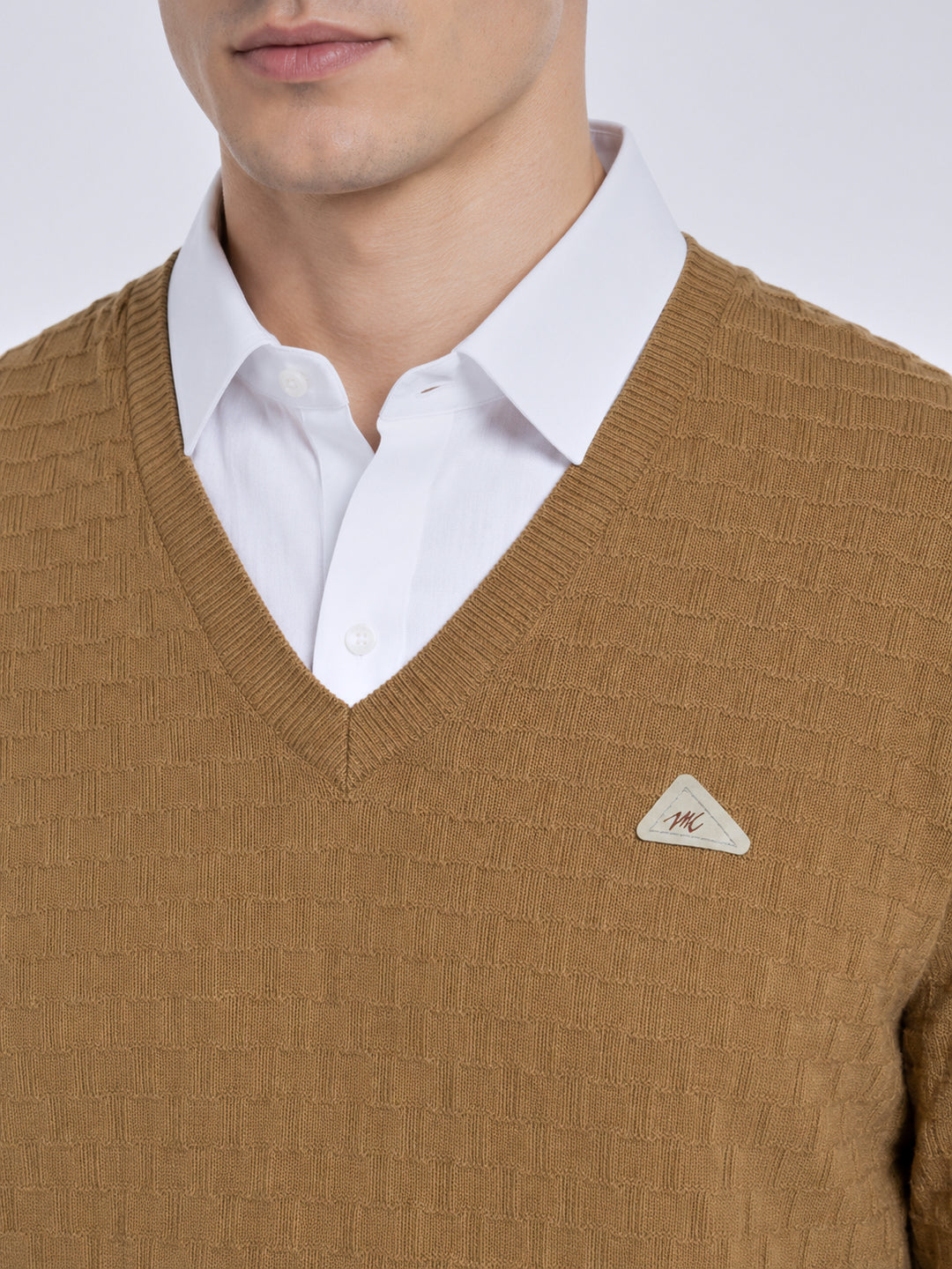 Men Camel Brown Self Design V Neck Full Sleeve Pullover