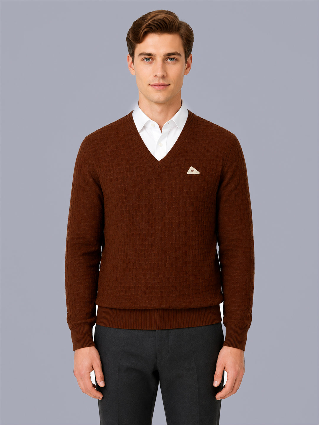 Men Brown Self Design V Neck Full Sleeve Pullover