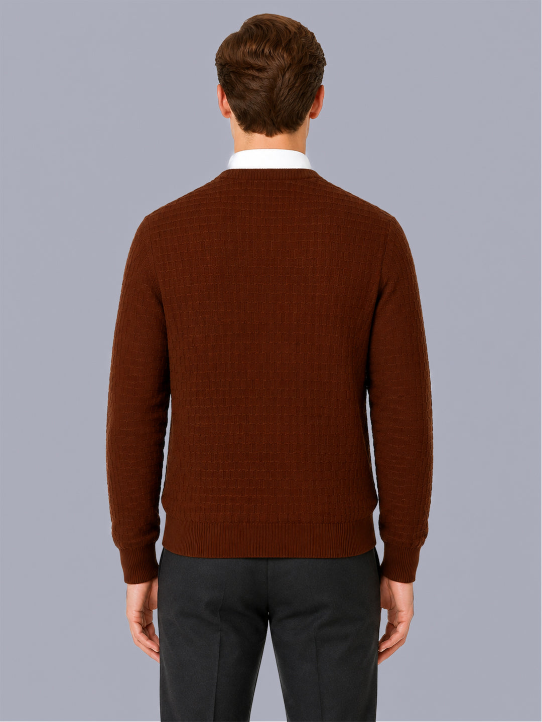 Men Brown Self Design V Neck Full Sleeve Pullover