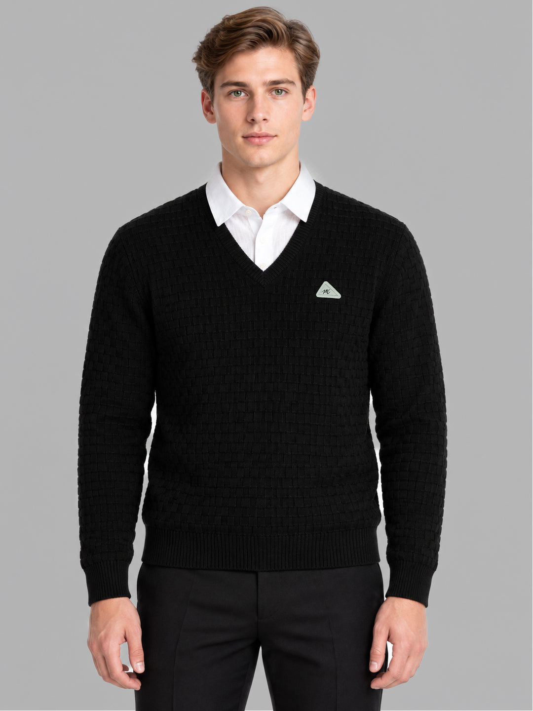 Men Black Self Design V Neck Full Sleeve Pullover