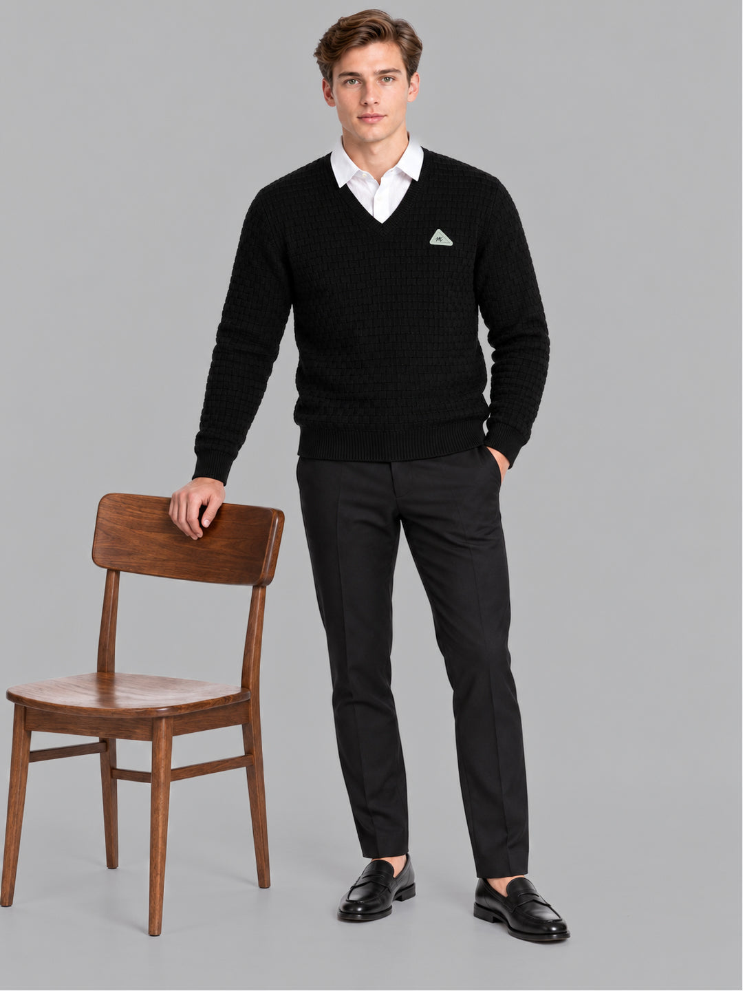 Men Black Self Design V Neck Full Sleeve Pullover