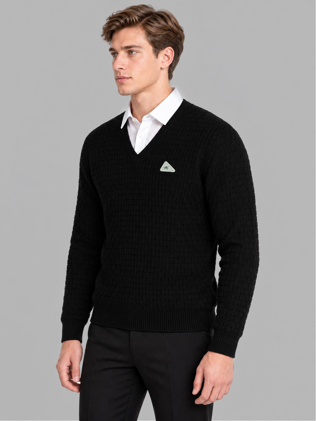 Men Black Self Design V Neck Full Sleeve Pullover