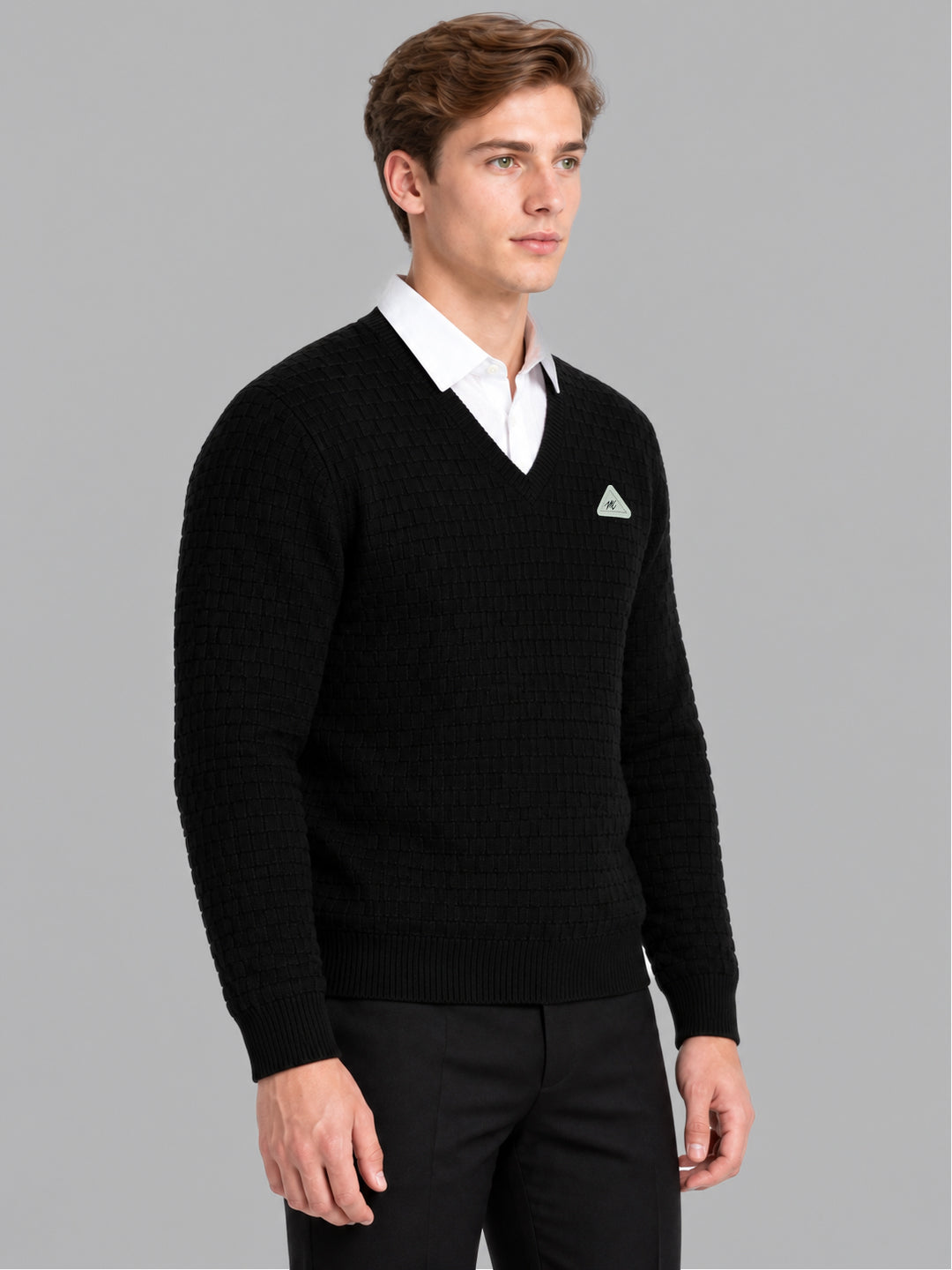 Men Black Self Design V Neck Full Sleeve Pullover