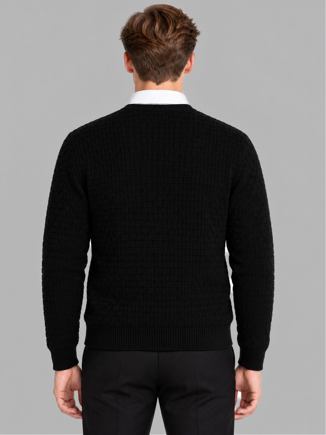 Men Black Self Design V Neck Full Sleeve Pullover