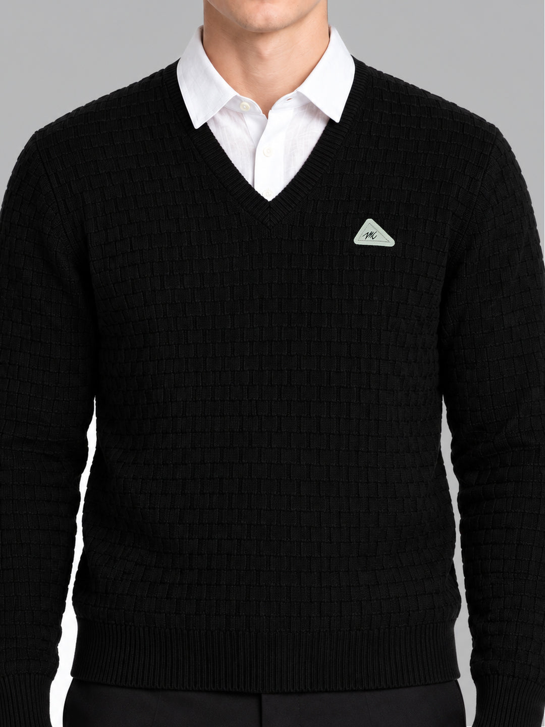 Men Black Self Design V Neck Full Sleeve Pullover