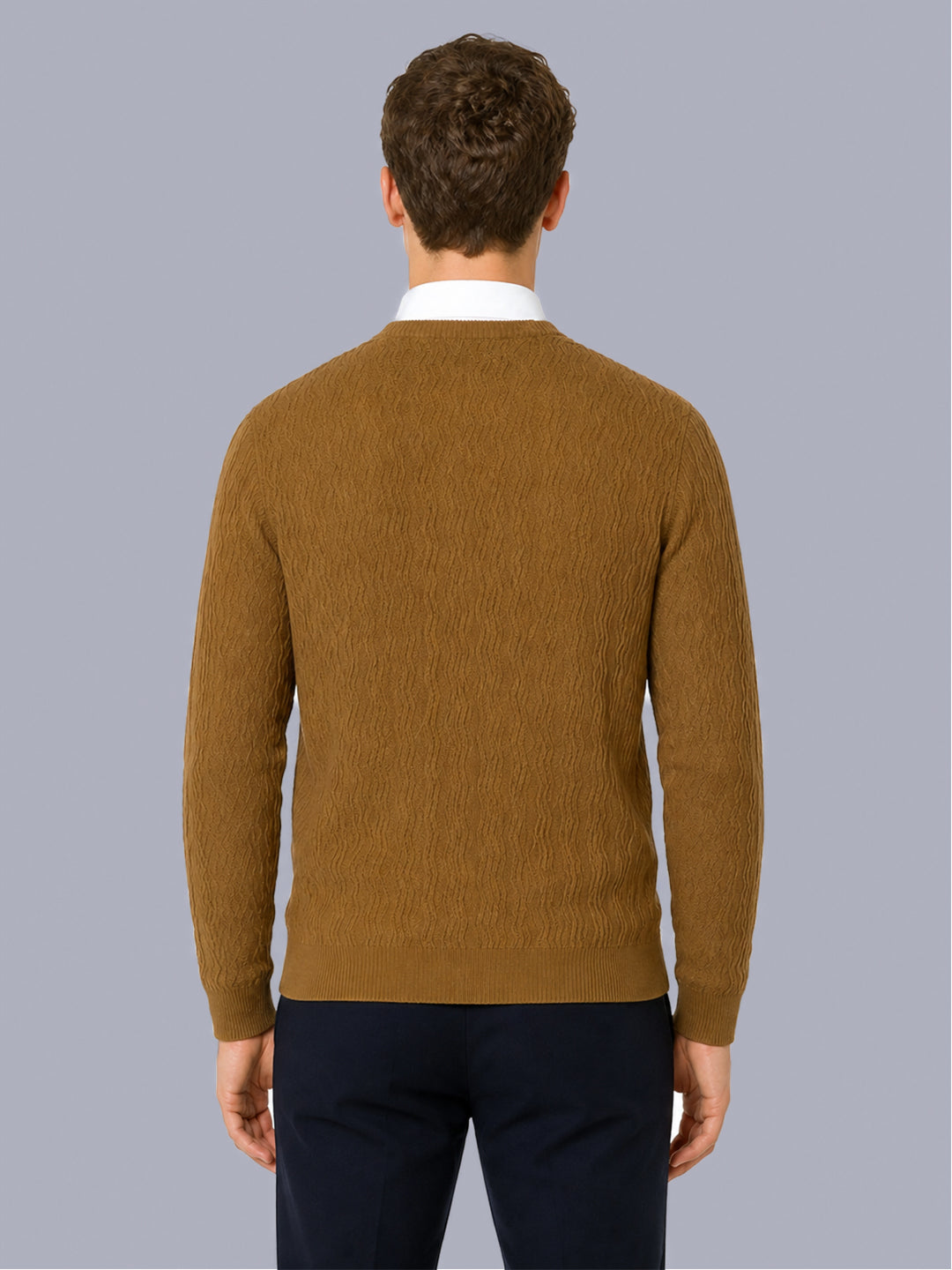 Men Mustard Self Design V Neck Full Sleeve Pullover