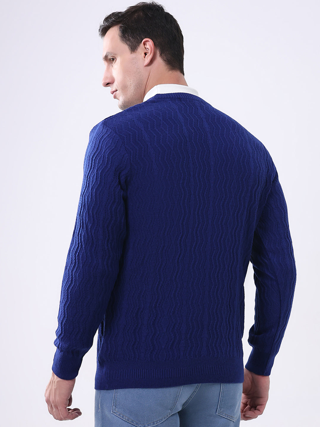 Men Royal Blue Self Design V Neck Full Sleeve Pullover