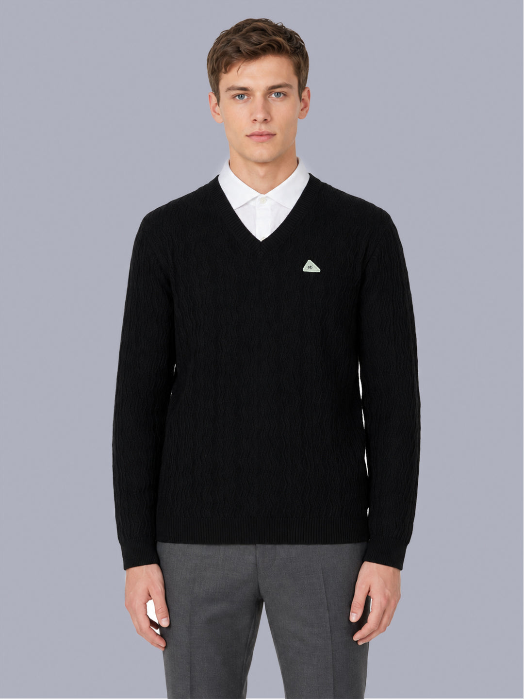 Men Black Self Design V Neck Full Sleeve Pullover